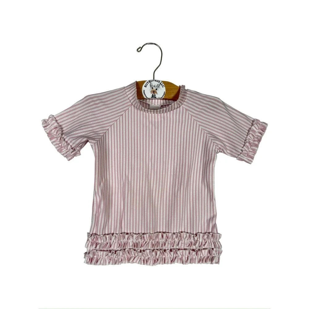 RuffleButts Girls Pink Seersucker Rash Guard Swim Set Ruffle Bottoms Size 3T
